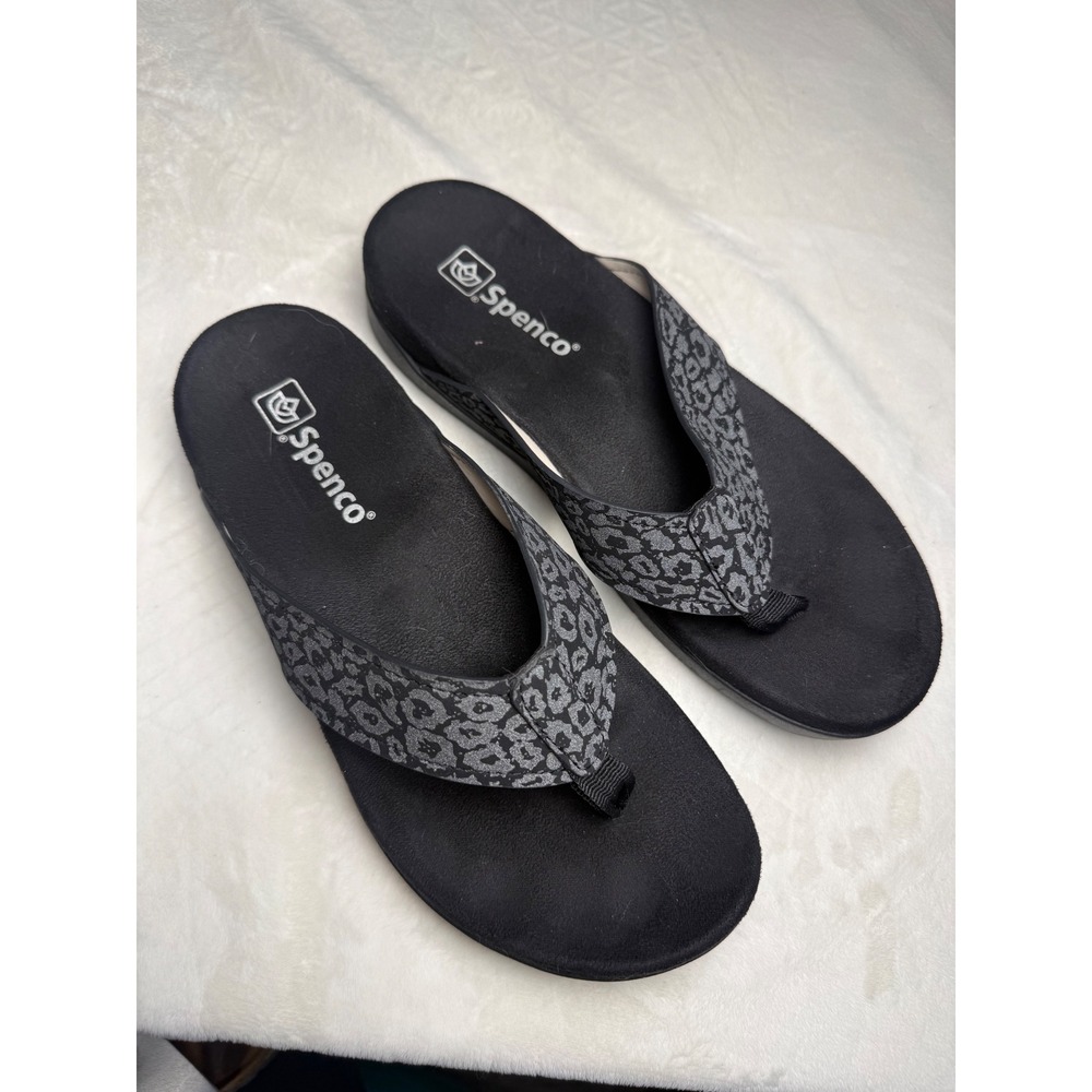 Spenco Womens Grey Leopard Print Orthotic Thong Sandals Black Platform Slides 9D